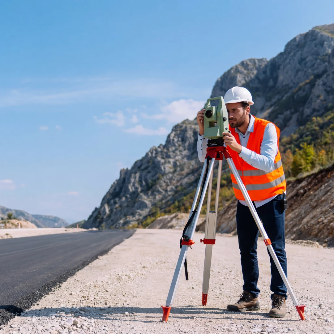 Ovlašćeni geodeta sa totalnom stanicom snima trasu novog puta